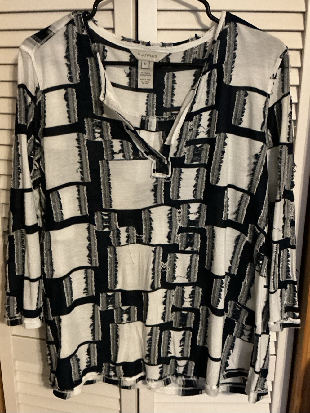Multiples Black and White Fringe Block Geometric Long Sleeve Top